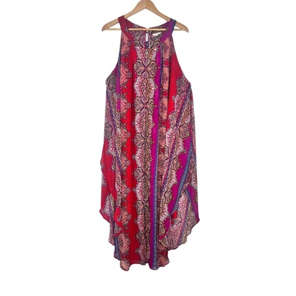 Red Magenta Paisley Halter Handkerchief Hem Maxi Dress Womens XL EST. 1946